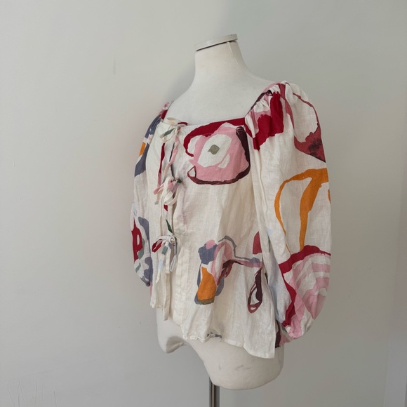 Cult Gaia Watercolor Print Tie Front Linen Top M - Picture 3 of 6